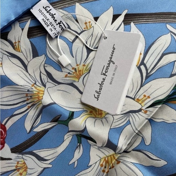 Salvatore Ferragamo Blue and Pink Floral Silk Scarf - Picture 11 of 15